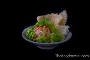 Goong Saawn Glin - A Thai Royal Appetizer of Flaky Acid-Cooked Shrimp, Peanuts and Pickled Garlic, with a Sour-Salty-Sweet Shrimp Tomalley Dressing. (กุ้งซ่อนกลิ่น)