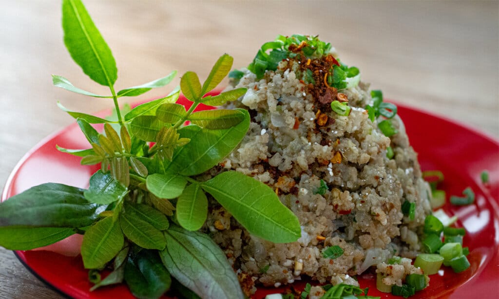 Raw wet fish laap with grilled eggplant (ลาบปลาน้ำนัว ; laap bplaa naam nuaa)