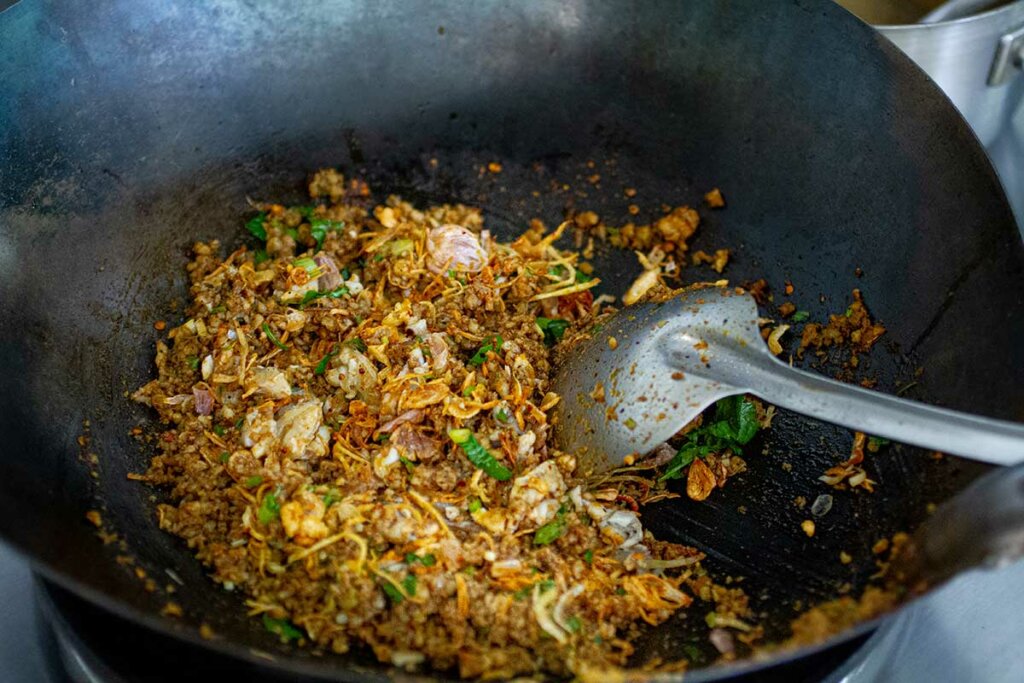 Northern Thai-style fish laap with crispy aromatics (ลาบหมี่ปลา; laap mee plaa)